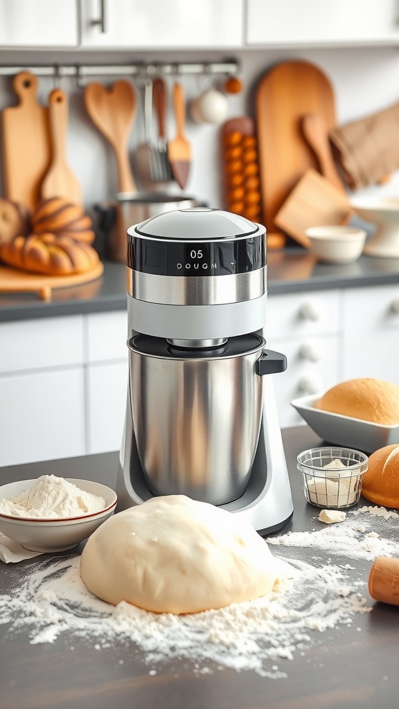 Ultimate Guide to Making Dough with a Dough Machine A dough machine in a kitchen with ingredients for baking bread and pastries.